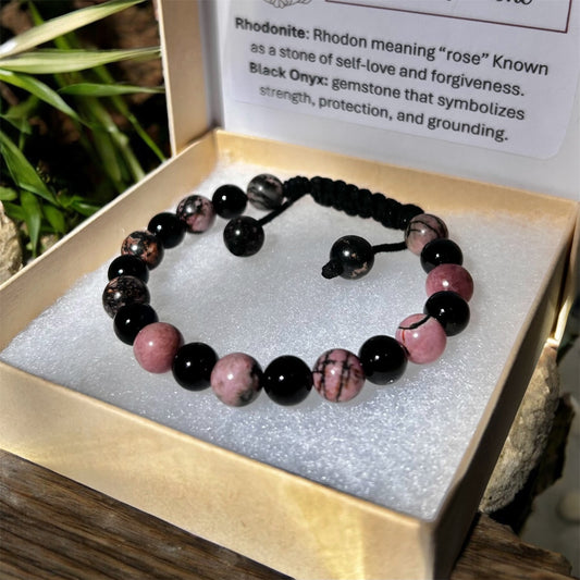Natural Gemstone Bracelet Rhodonite & Black Onyx Stones Adjustable Healing Stone Bracelet for Self Love & Protection Properties