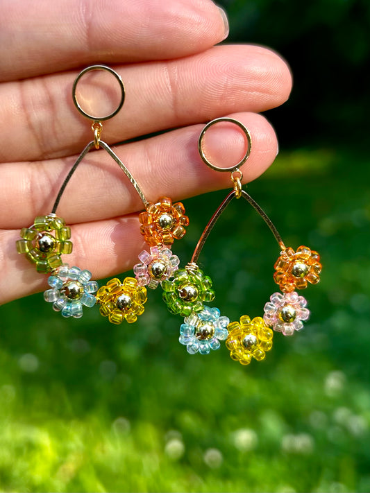 Elegant Flower Beaded Wrapped Wire Earrings.