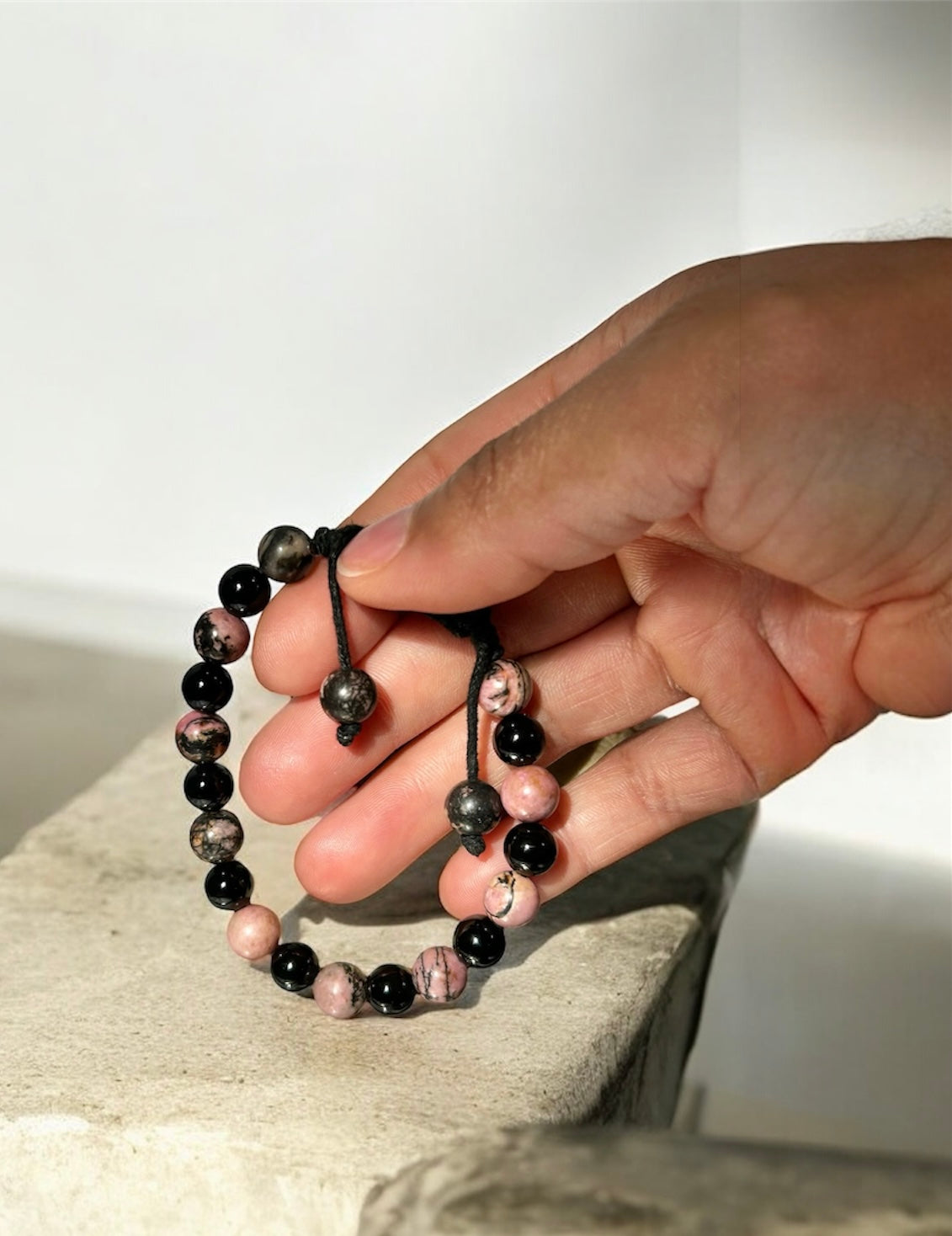 Natural Gemstone Bracelet Rhodonite & Black Onyx Stones Adjustable Healing Stone Bracelet for Self Love & Protection Properties