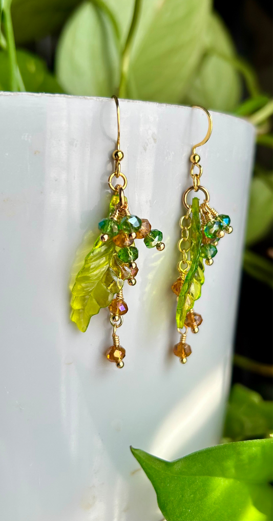 Spring Bloom Earrings with Green Leaf Design and Sparkling Beads Gold-Tone Hooks