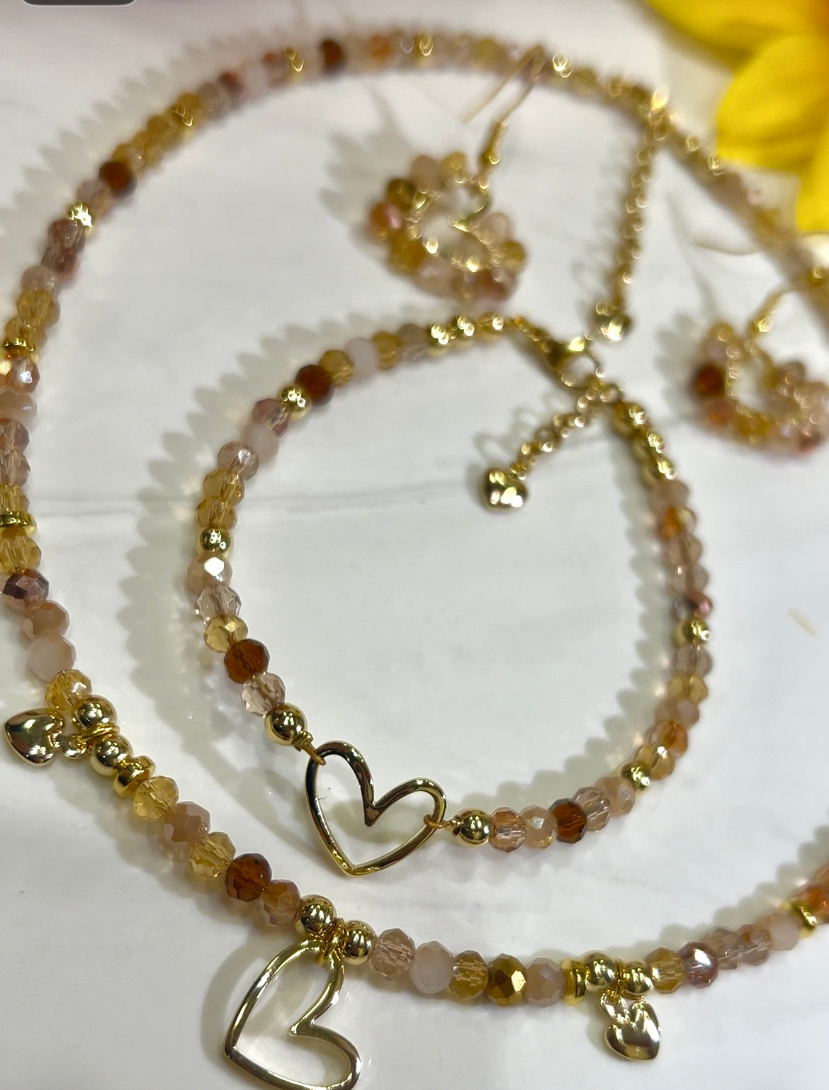 Fall in Love Jewelry Set Earrings Bracelet and Necklace with Heart Charms Beaded Design Hypoallergenic Non Tarnish Material