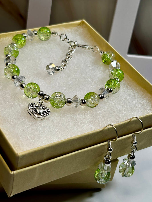 Green Crackle Crystal Beads Bracelet and Earrings