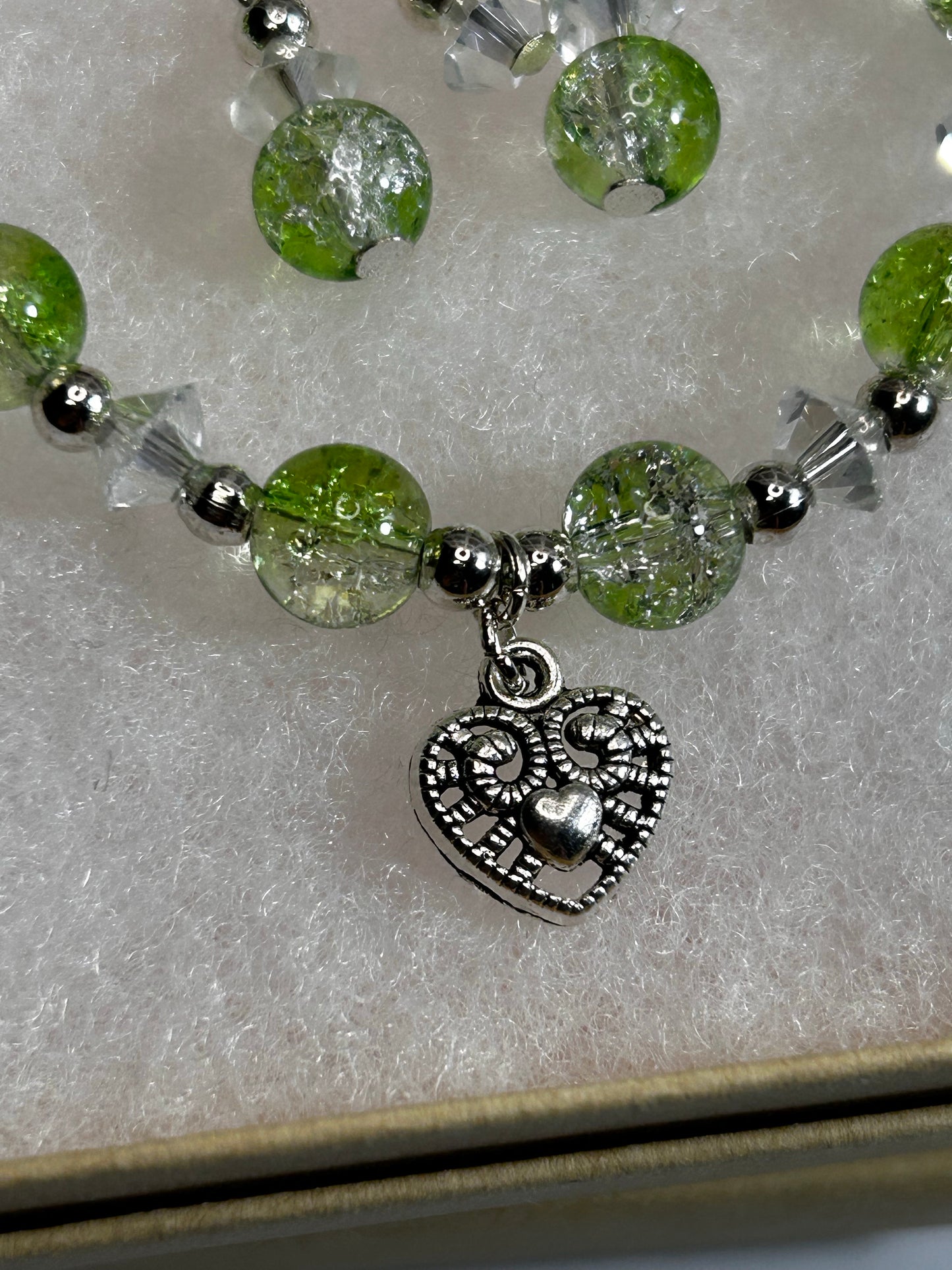 Green Crackle Crystal Beads Bracelet and Earrings