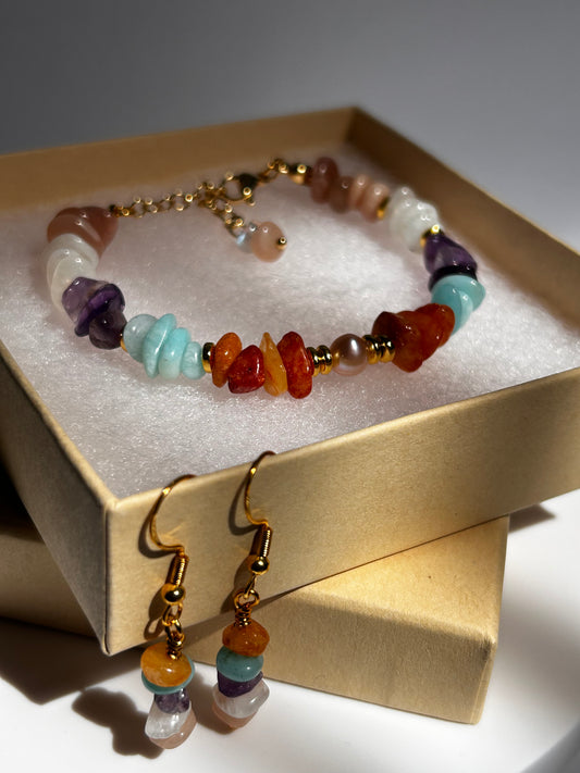 Multicolor Chip Gemstone Bracelet & Earrings Set with Freshwater Pearl 14K Gold Plated.