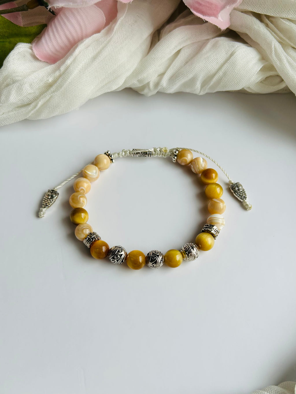 Golden Owl Intuition Bracelet Adjustable with Golden Tiger Eye Gemstones and Stainless Steel Silver Accents.
