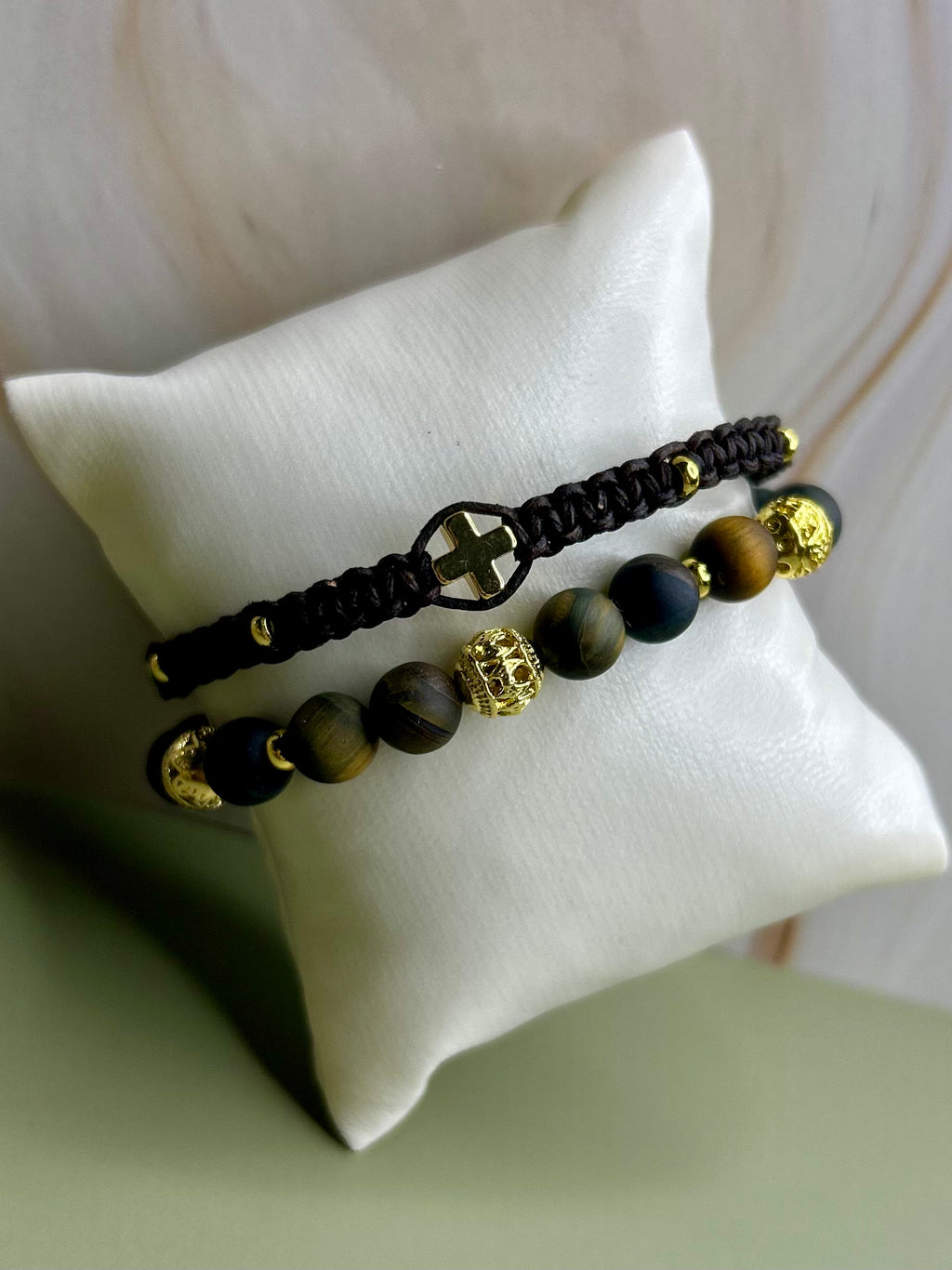 Matte Tiger's Eye Bracelet 8mm Beads Double Row Macramé Design 14k Gold Plated Cross & Beads Strength Good Luck Symbol