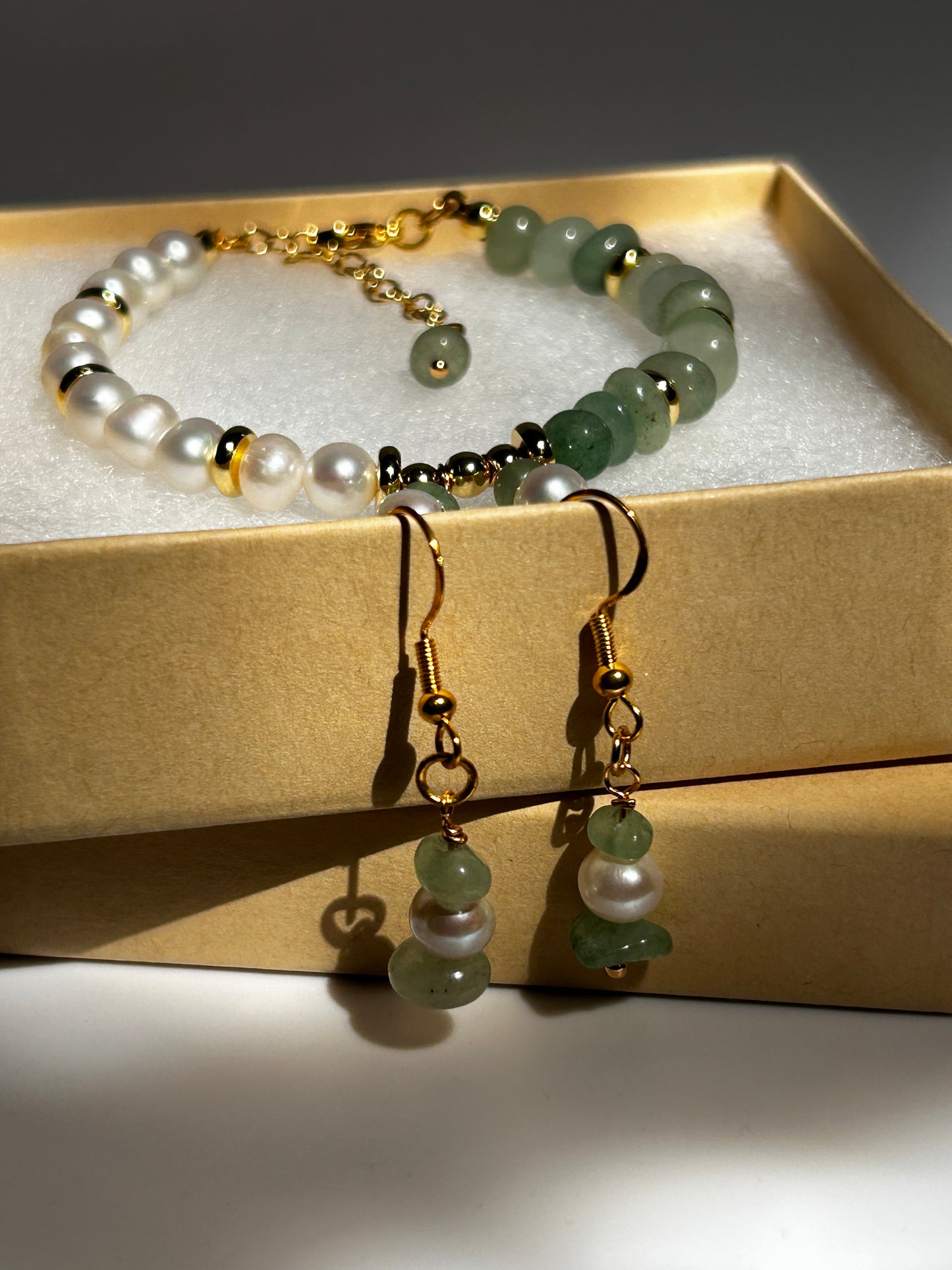 White Freshwater Pearls, Green Aventurine Gemstone, 14k Gold Plated Metal Bracelet & Earrings Set