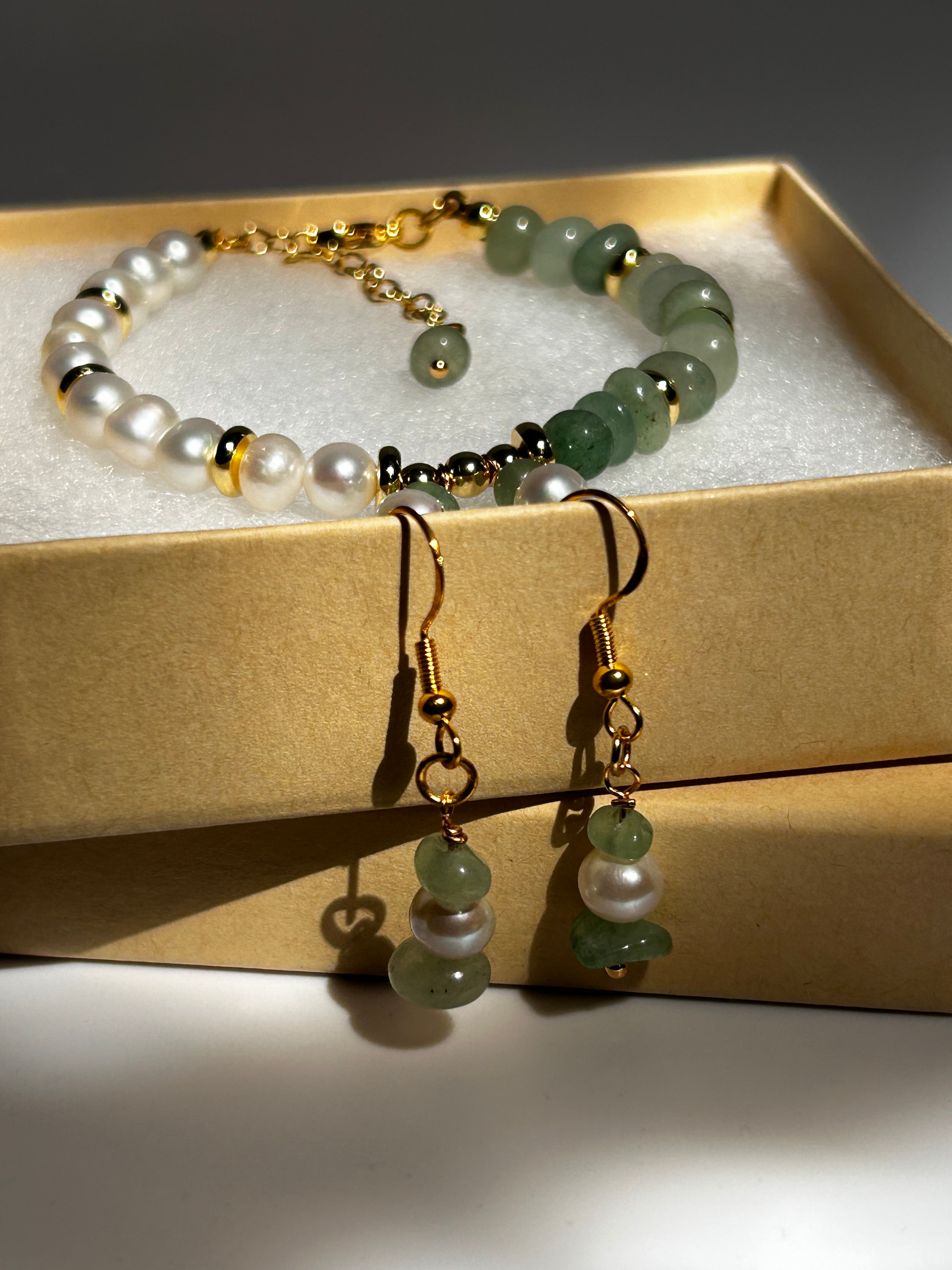 White Freshwater Pearls, Green Aventurine Gemstone, 14k Gold Plated Metal Bracelet & Earrings Set