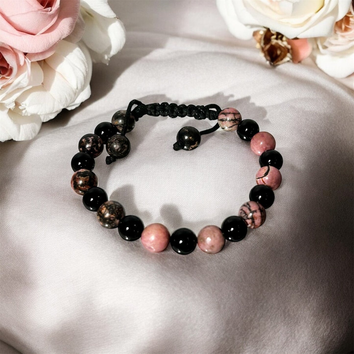 Natural Gemstone Bracelet Rhodonite & Black Onyx Stones Adjustable Healing Stone Bracelet for Self Love & Protection Properties