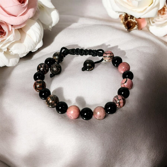 Natural Gemstone Bracelet Rhodonite & Black Onyx Stones Adjustable Healing Stone Bracelet for Self Love & Protection Properties