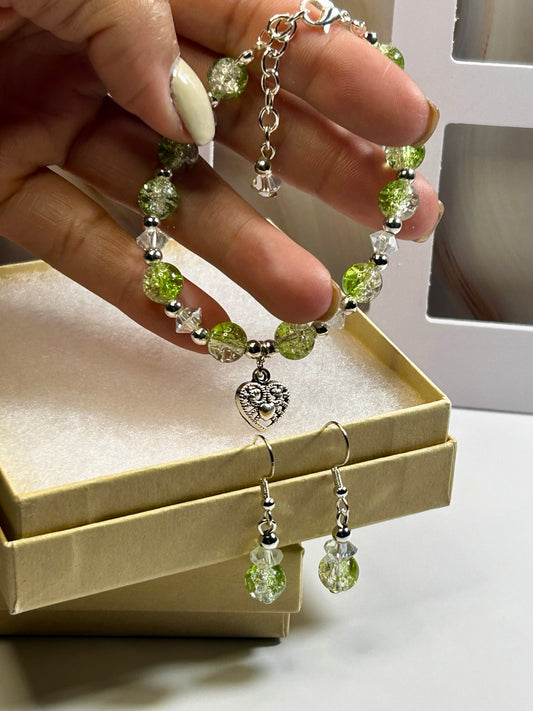 Green Crackle Crystal Beads Bracelet and Earrings