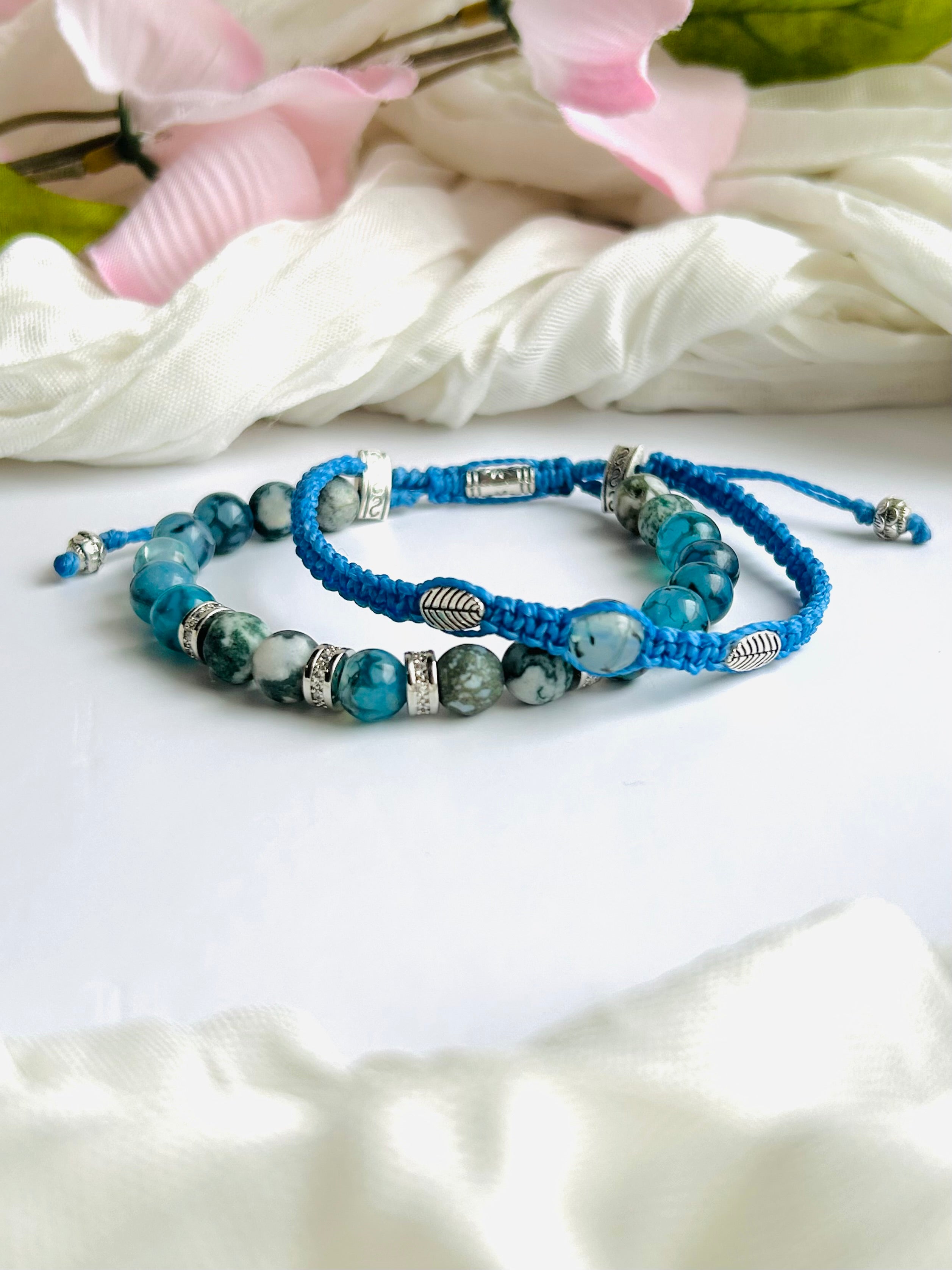 Ocean Mind Bracelet. Blue Appetite & Picasso Jasper Gemstone Adjustable, Layered with Blue Cord and Silver Accents