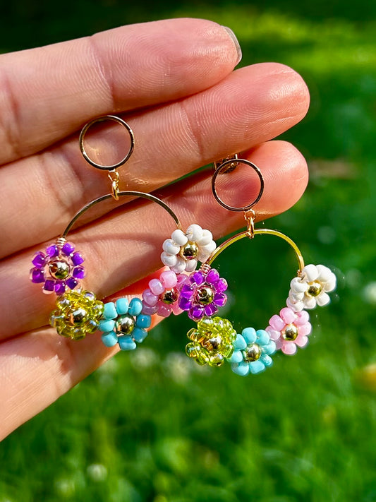 Elegant Flower Beaded Wrapped Wire Earrings.
