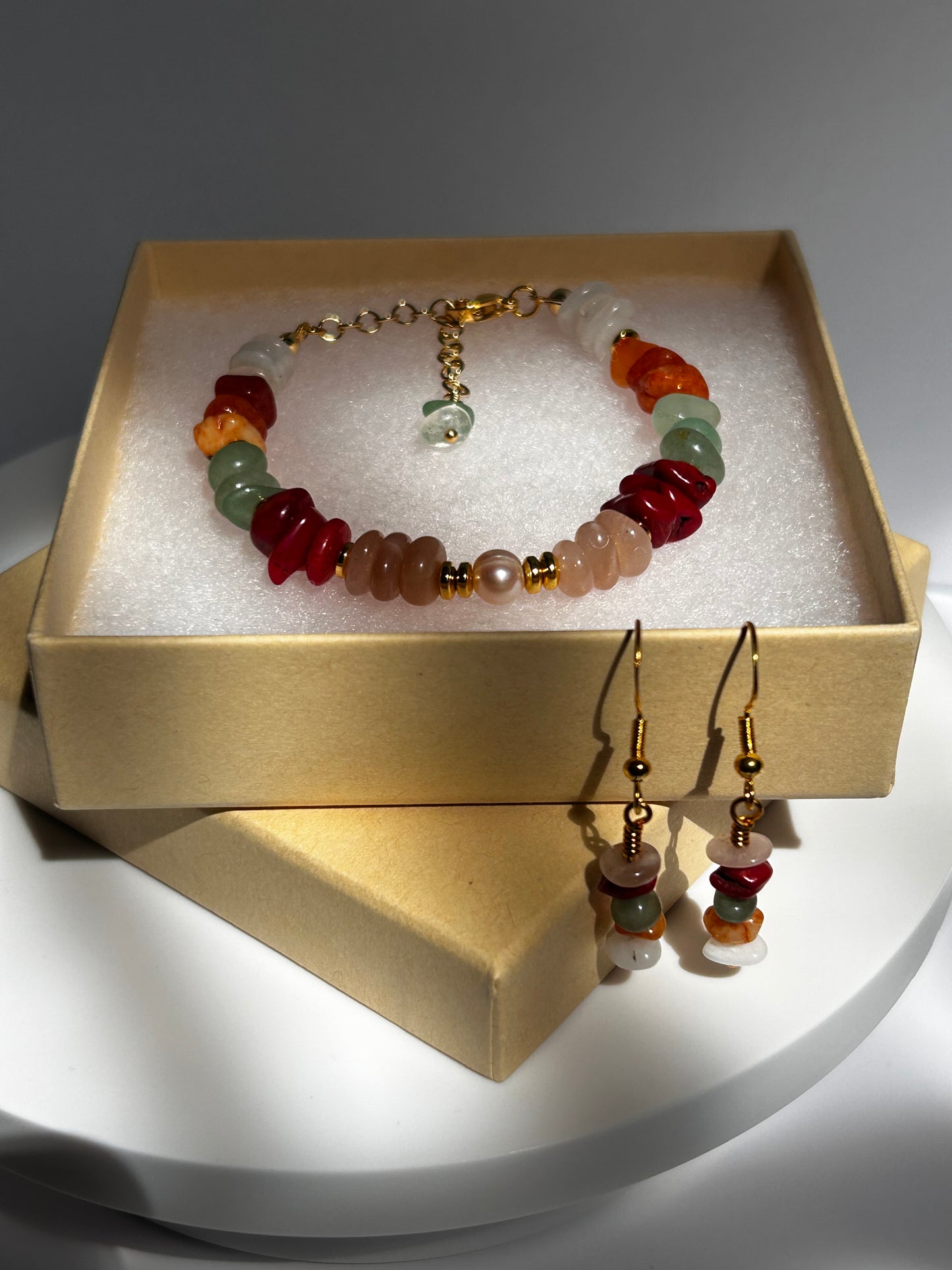 Multicolor Chip Gemstone Bracelet & Earrings Set with Freshwater Pearl 14K Gold Plated.