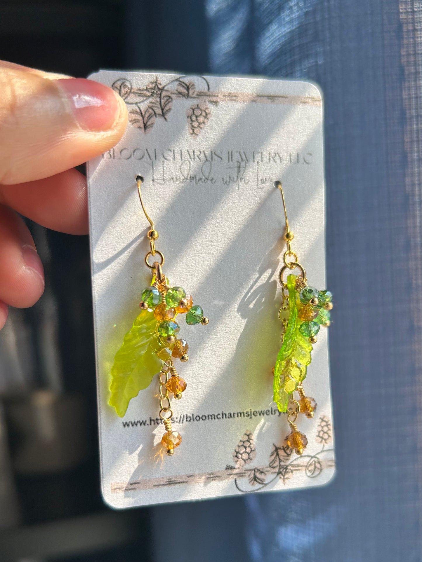 Spring Bloom Earrings with Green Leaf Design and Sparkling Beads Gold-Tone Hooks