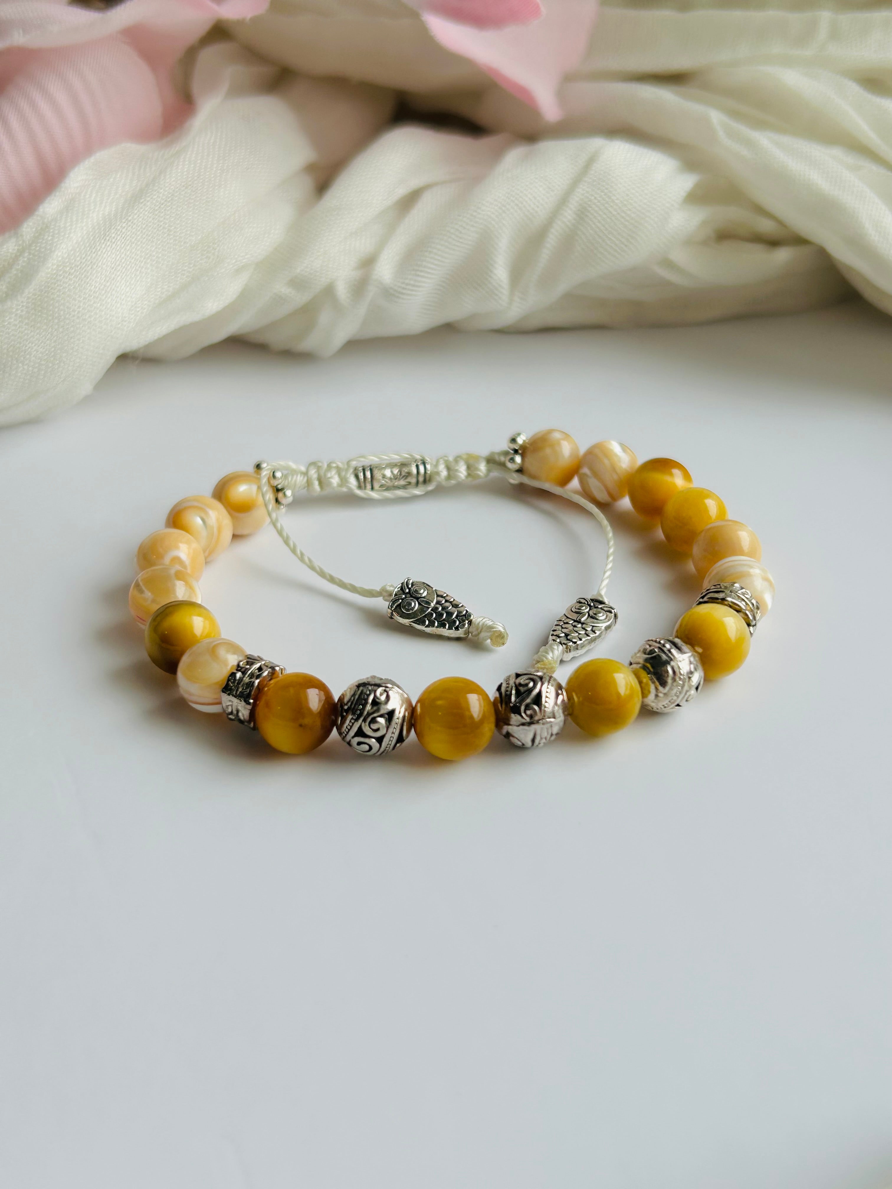 Golden Owl Intuition Bracelet Adjustable with Golden Tiger Eye Gemstones and Stainless Steel Silver Accents.