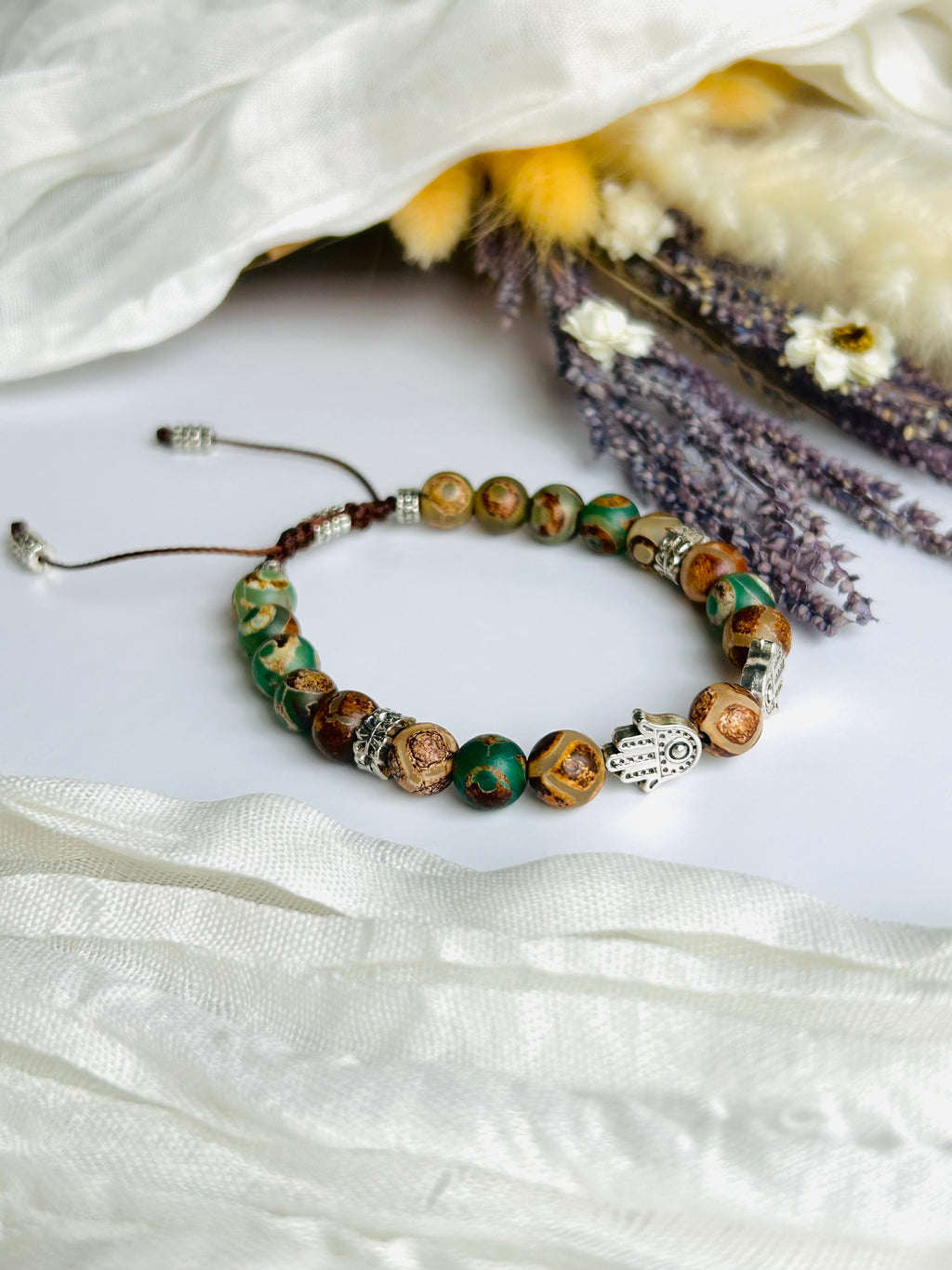 Hamsa Earth Energy Bracelet - Green Tibetan Beads & Stainless Steel Hamsa Charms - Adjustable Cord Closure - Handcrafted for Protection & Positive Energy