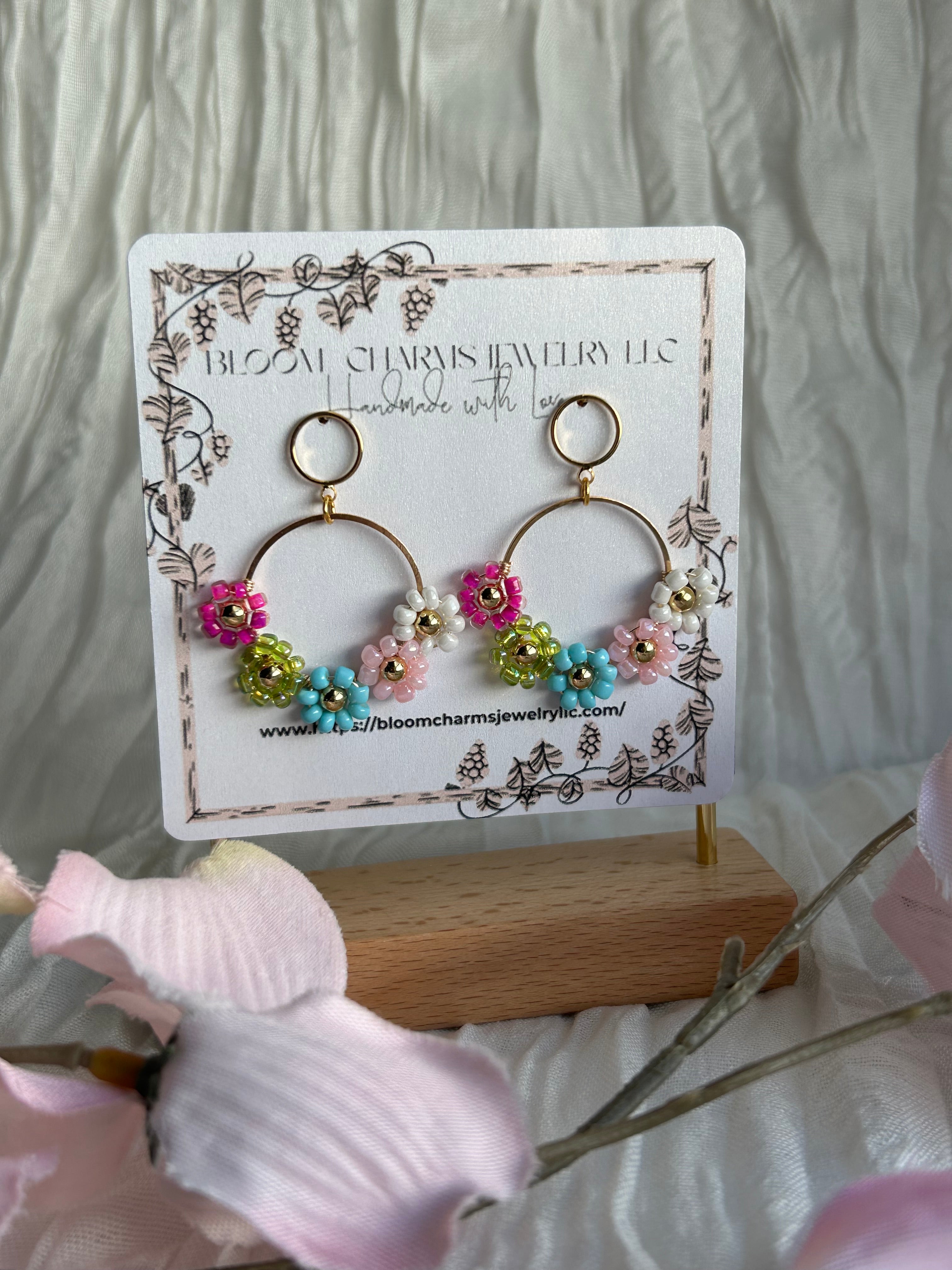 Opaline Flower Beaded Wrapped Wire Earrings 18K Gold Plated Hypoallergenic Non-Tarnish Versatile Appeal for Sensitive Ears Colorful Bead Designs Gold-Tone Wire Hoops