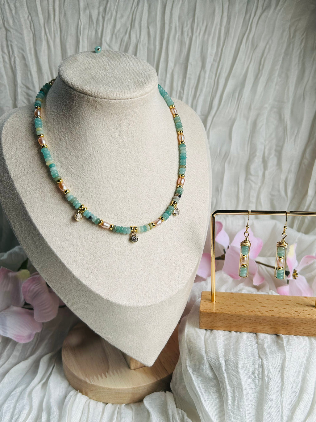 Seafoam Grace Jewelry Set Handcrafted Necklace & Earrings with Amazonite India Agate Freshwater Pearls 18K Gold Plated Hypoallergenic Unique Design