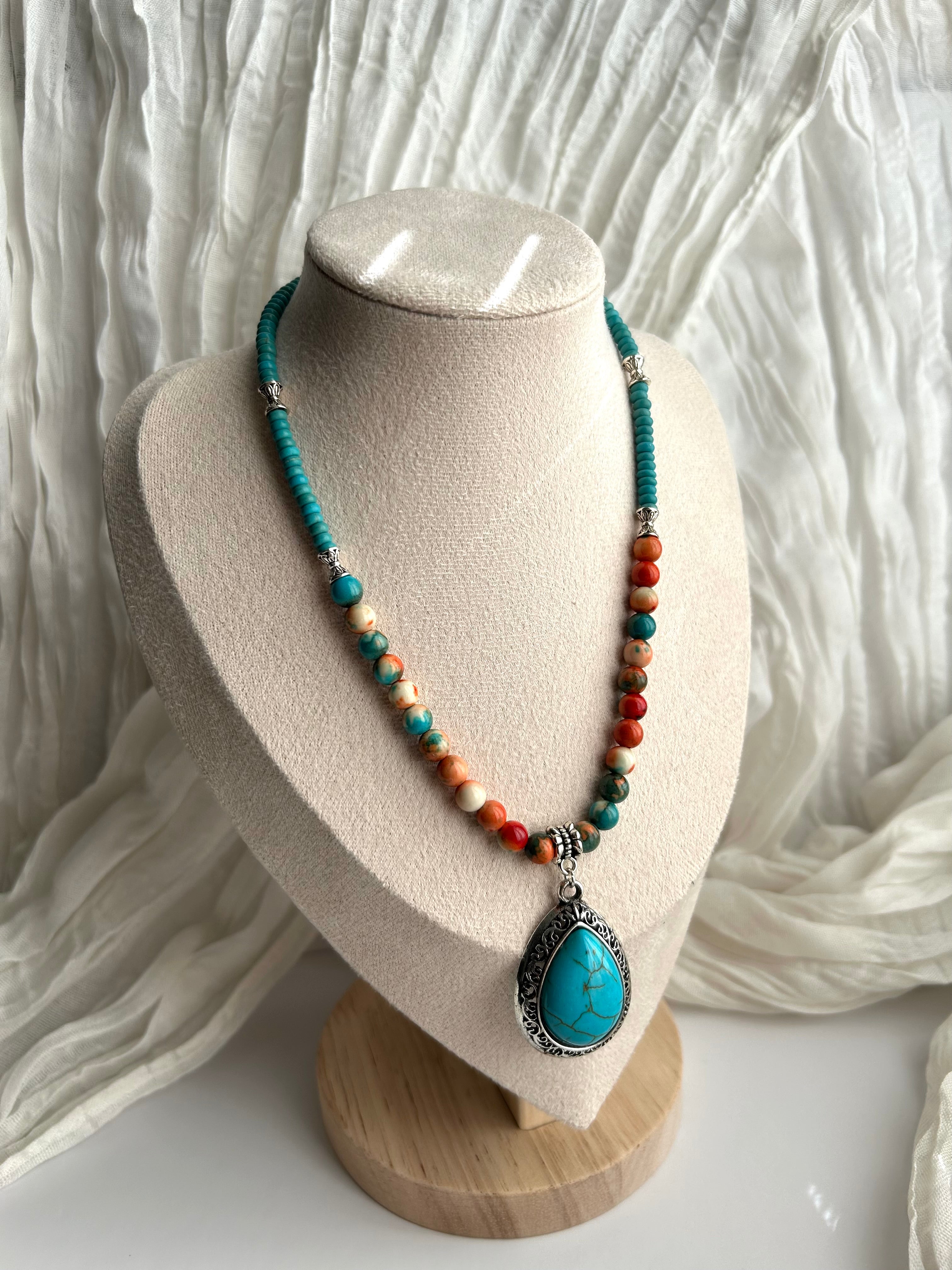 Turquoise Tide Necklace with Handmade Pendant Stainless Steel Silver Accents Beaded Design for Versatile Wear