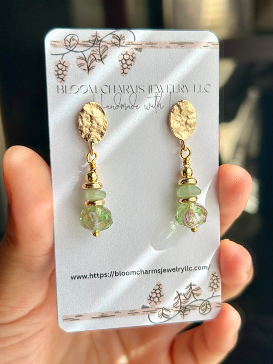 Garden Drop Earrings with Green Moonstone & Colorful 8mm Beads Gold-Tone Hooks Unique Jewelry Design