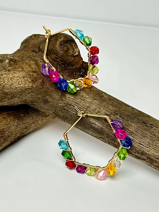 Beaded Hoop Earrings with Glass Beads and 14K Gold Plated Wire Colorful Fashion Jewelry