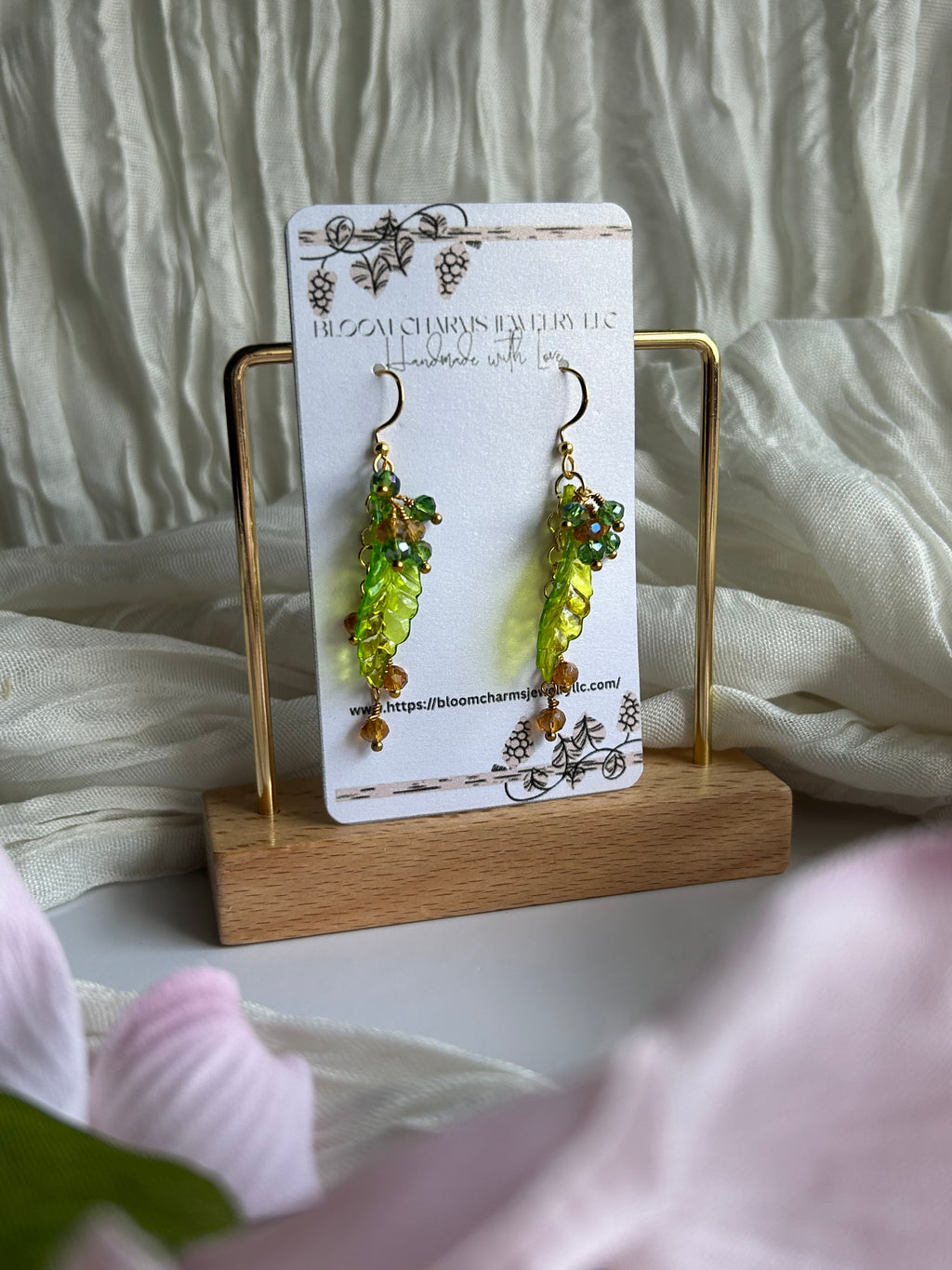 Spring Bloom Earrings with Green Leaf Design and Sparkling Beads Gold-Tone Hooks