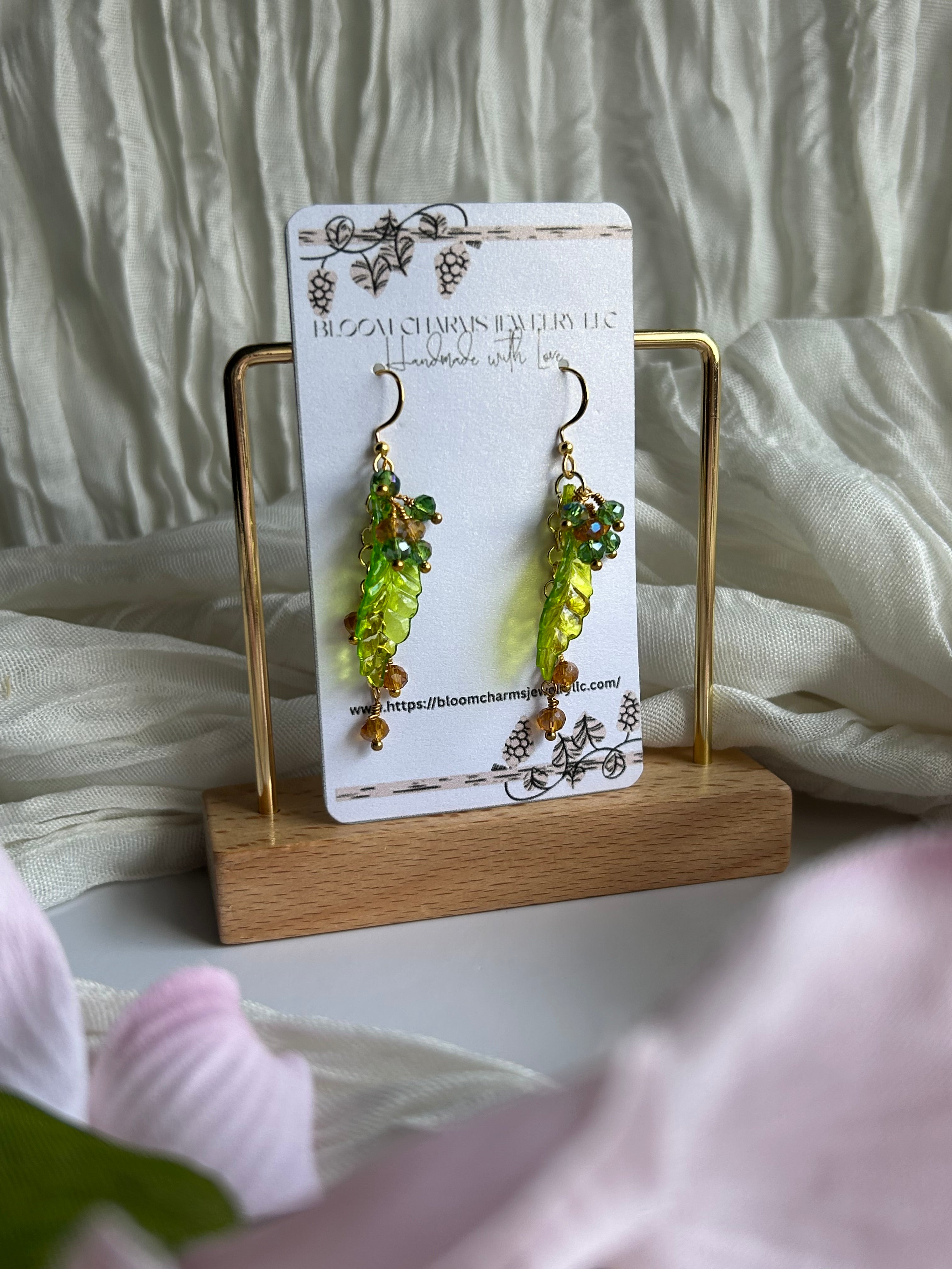 Spring Bloom Earrings with Green Leaf Design and Sparkling Beads Gold-Tone Hooks