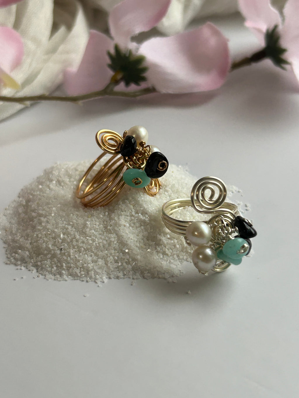 Soul Wire Ring with Freshwater Pearls, Natural Stones, and Carefully Wrapped Wire, Gold and Silver Color Options