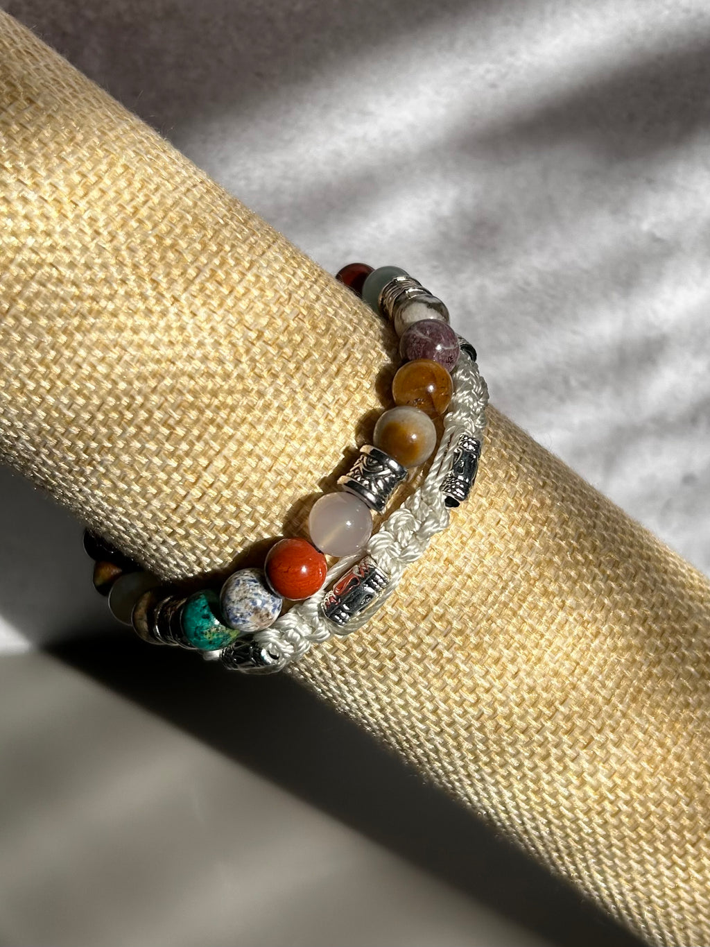 Mixed Gemstone Bracelet Double-Row Macrame with Polyester Cord & 925 Starling Silver Accessories Elegant and Durable Jewelry