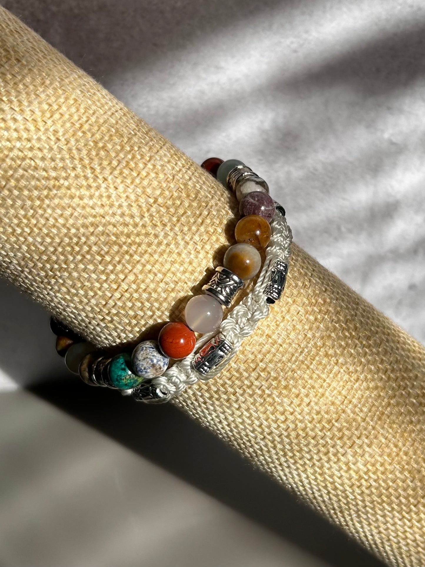 Mixed Gemstone Bracelet Double-Row Macrame with Polyester Cord & 925 Starling Silver Accessories Elegant and Durable Jewelry