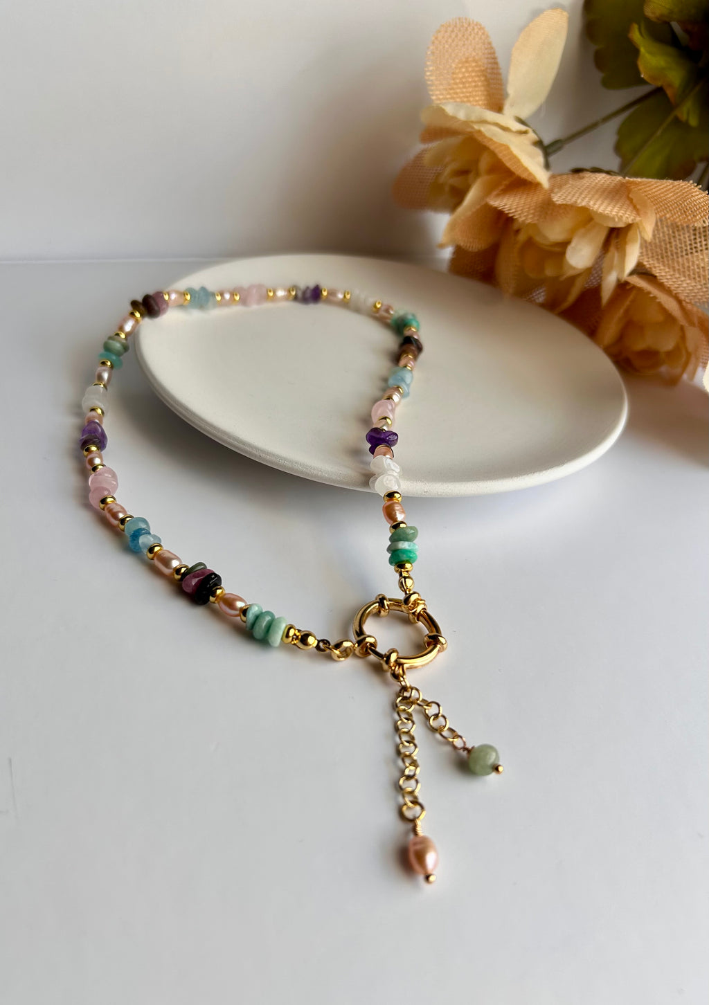 Ethereal Harmony Necklace with Multicolor Gemstones & Gold Chain for Women's Fashion Elegant Beaded Design Handcrafted with Natural Stones & Freshwater Pearls