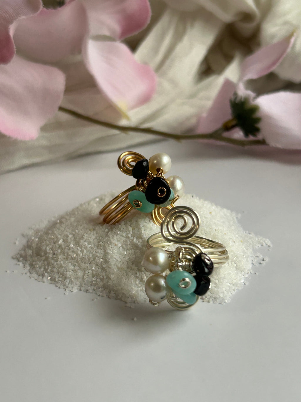 Soul Wire Ring with Freshwater Pearls, Natural Stones, and Carefully Wrapped Wire, Gold and Silver Color Options