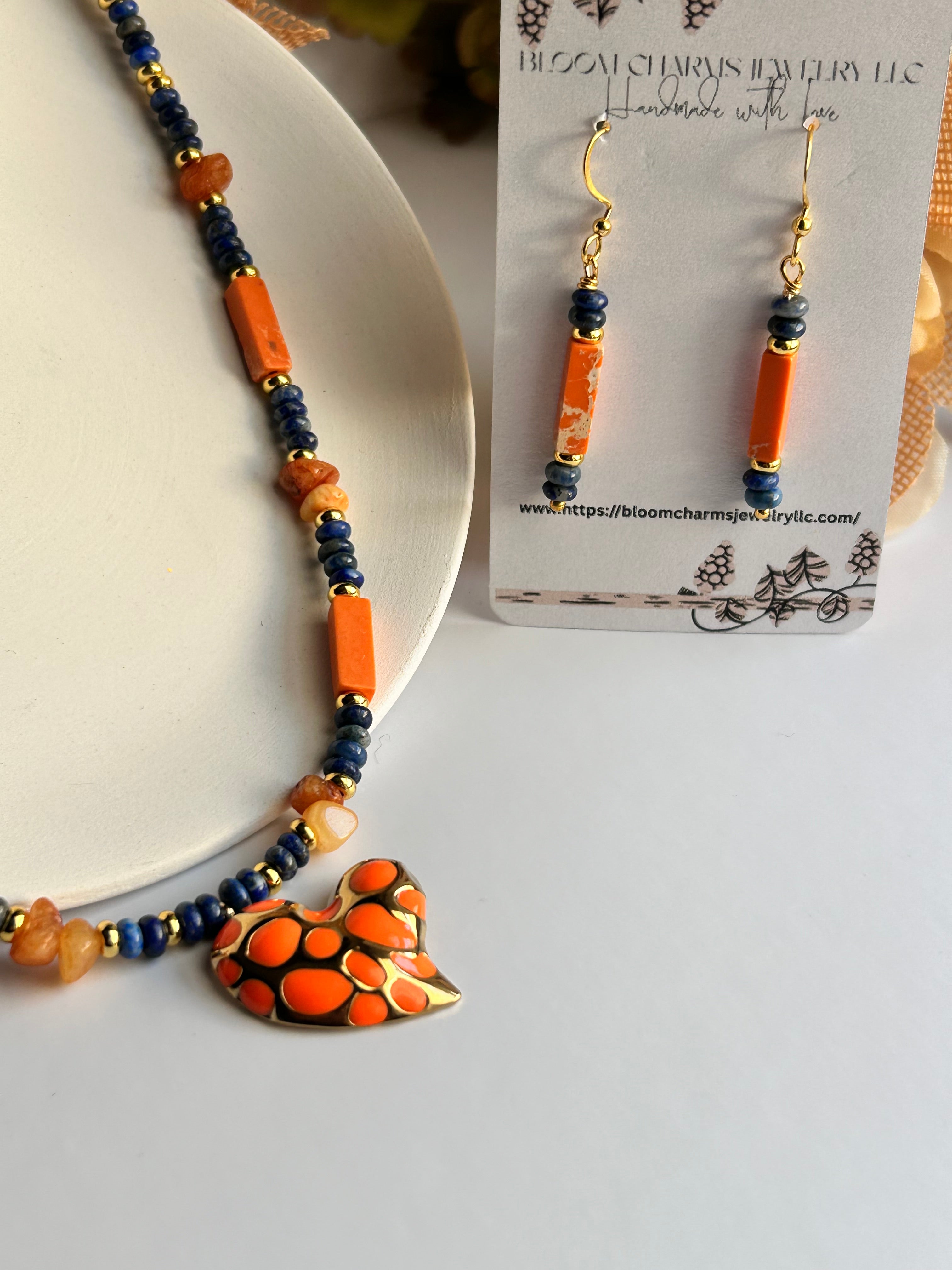 Sol de Fuego Set Vibrant Carnelian & Lapis Lazuli Stones Beaded Necklace with Heart Pendant & Matching Earrings for Stylish Outfits Gold-Plated Hypoallergenic Handmade