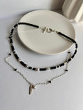Midnight Protection Black Obsidian Layered Necklace with Feather Charm & Freshwater Pearls Stainless Steel Silver Plated Fashion Jewelry for Women
