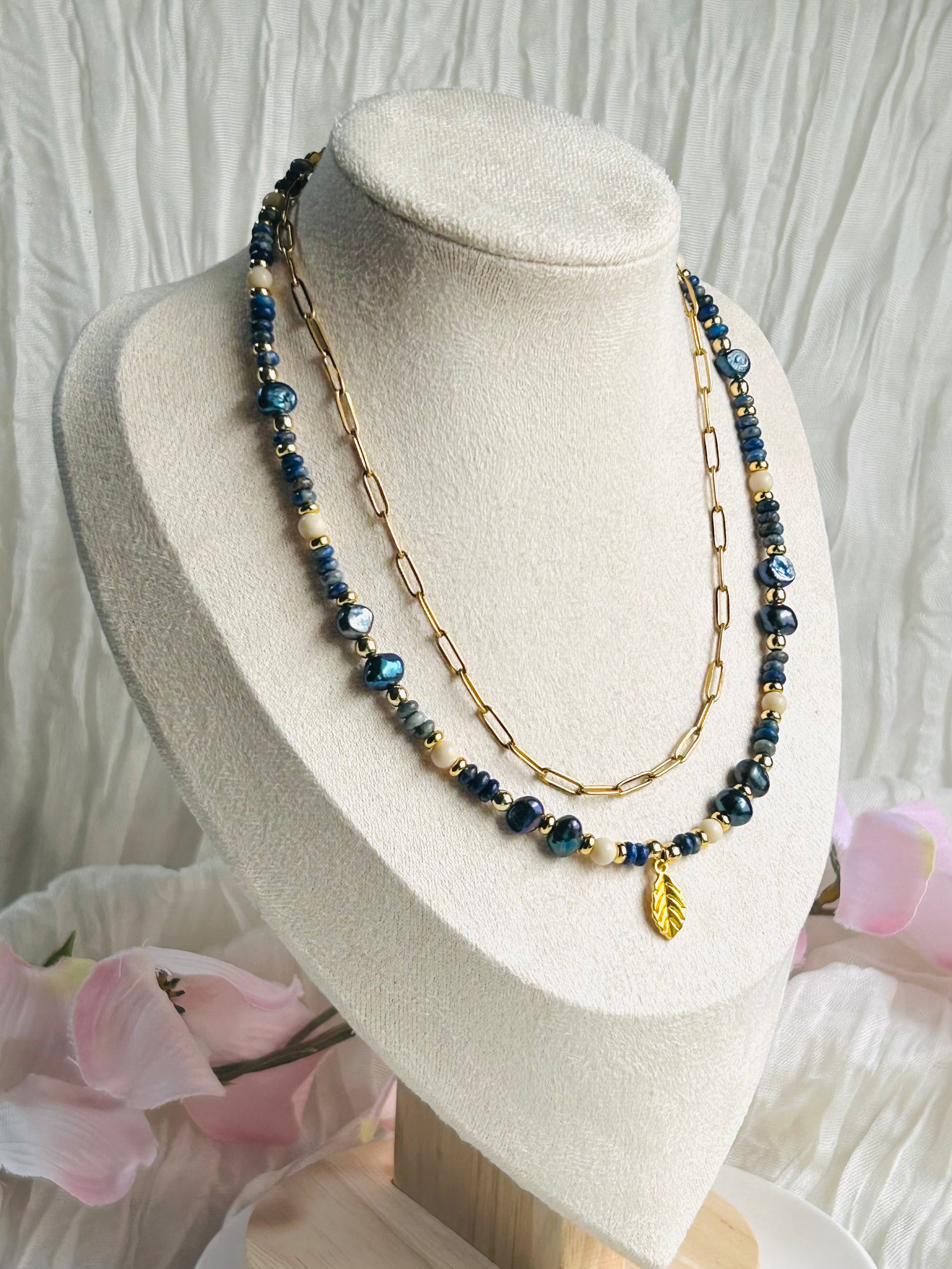 Celestial Leaf Lapis Necklace – Lapis Lazuli & Blue Freshwater Pearls with 18K Gold-Plated Chain.