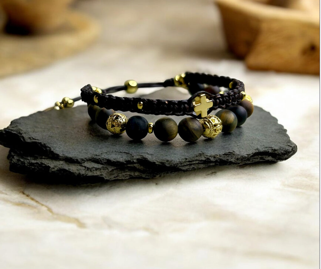 Matte Tiger's Eye Bracelet 8mm Beads Double Row Macramé Design 14k Gold Plated Cross & Beads Strength Good Luck Symbol