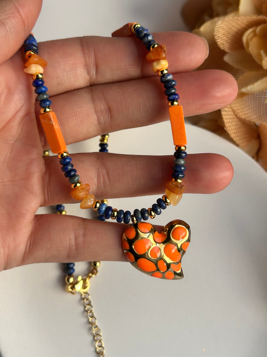 Sol de Fuego Set Vibrant Carnelian & Lapis Lazuli Stones Beaded Necklace with Heart Pendant & Matching Earrings for Stylish Outfits Gold-Plated Hypoallergenic Handmade