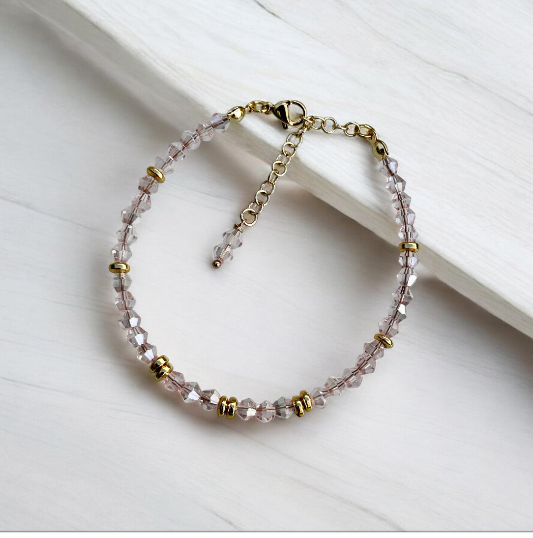 14K Gold Plated Crystal Beaded Bracelet Adjustable Chain Handmade Sparkling Jewelry for Women