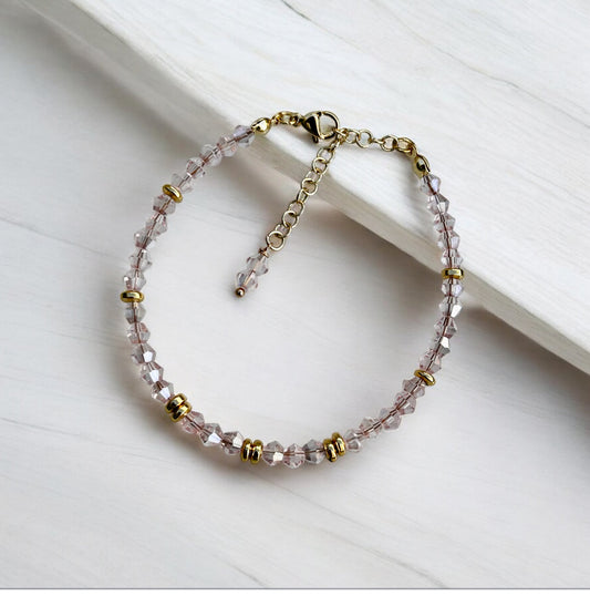 14K Gold Plated Crystal Beaded Bracelet Adjustable Chain Handmade Sparkling Jewelry for Women