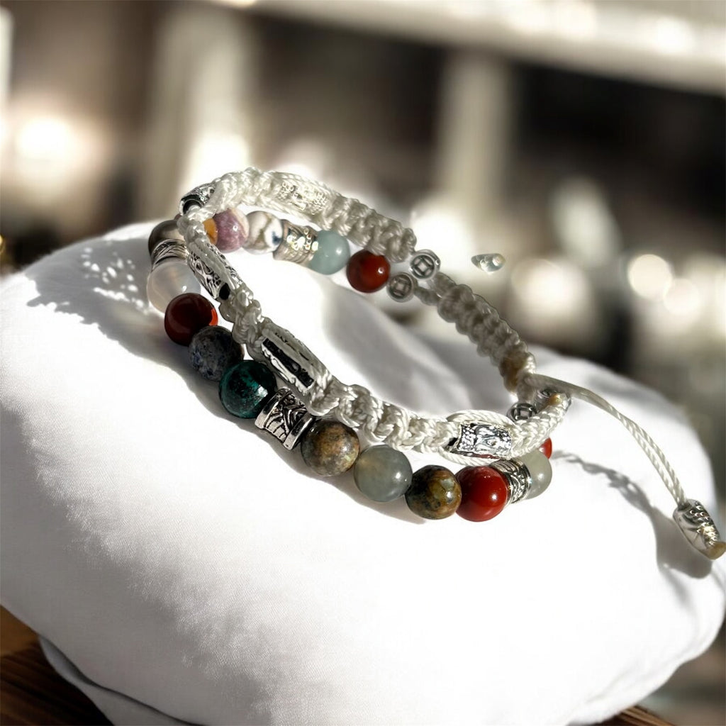Mixed Gemstone Bracelet Double-Row Macrame with Polyester Cord & 925 Starling Silver Accessories Elegant and Durable Jewelry
