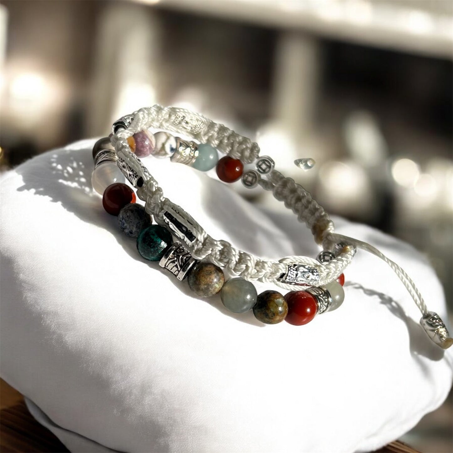 Mixed Gemstone Bracelet Double-Row Macrame with Polyester Cord & 925 Starling Silver Accessories Elegant and Durable Jewelry