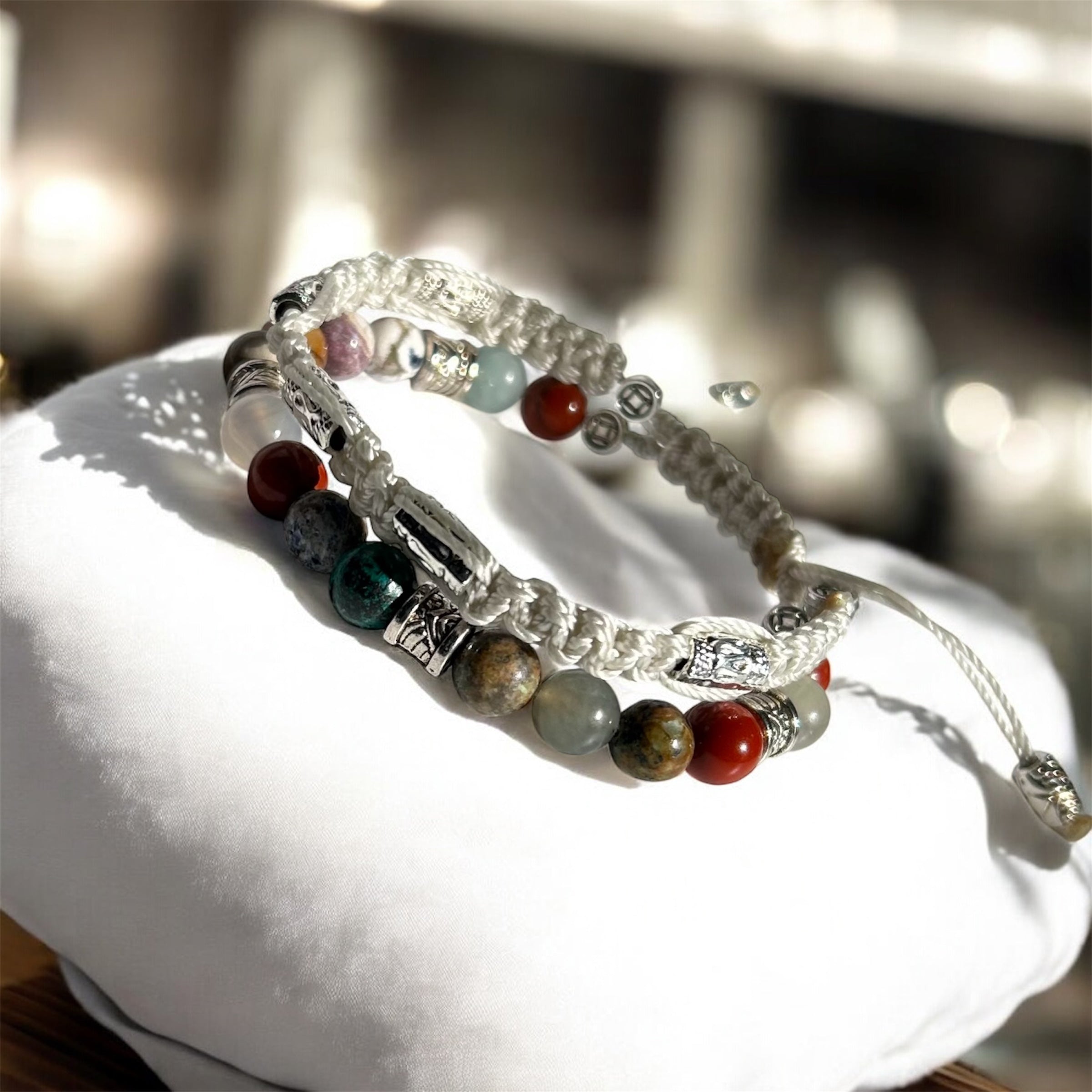 Mixed Gemstone Bracelet Double-Row Macrame with Polyester Cord & 925 Starling Silver Accessories Elegant and Durable Jewelry