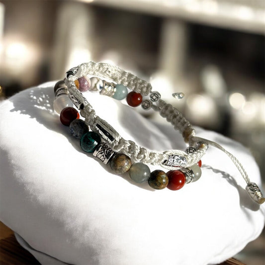 Mixed Gemstone Bracelet Double-Row Macrame with Polyester Cord & 925 Starling Silver Accessories Elegant and Durable Jewelry