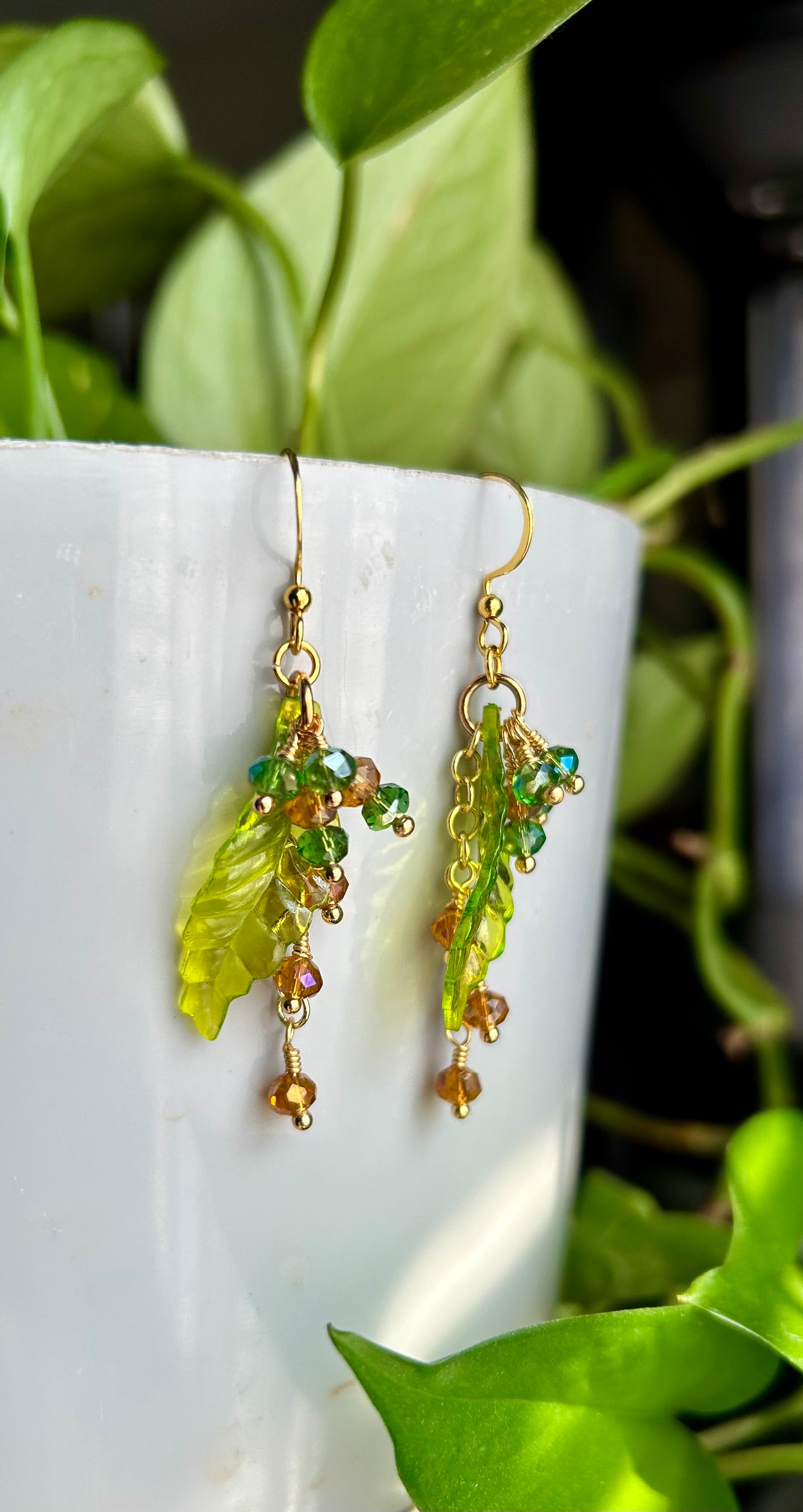 Spring Bloom Earrings with Green Leaf Design and Sparkling Beads Gold-Tone Hooks