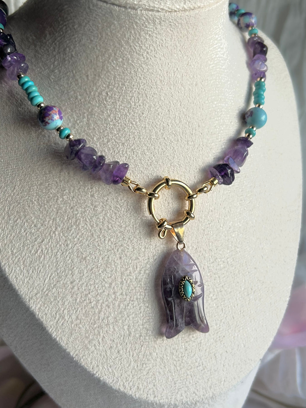 Amethyst Soul Handmade Necklace with Amethyst & Turquoise Stones Carved Fish Pendant Handcrafted Jewelry for Women
