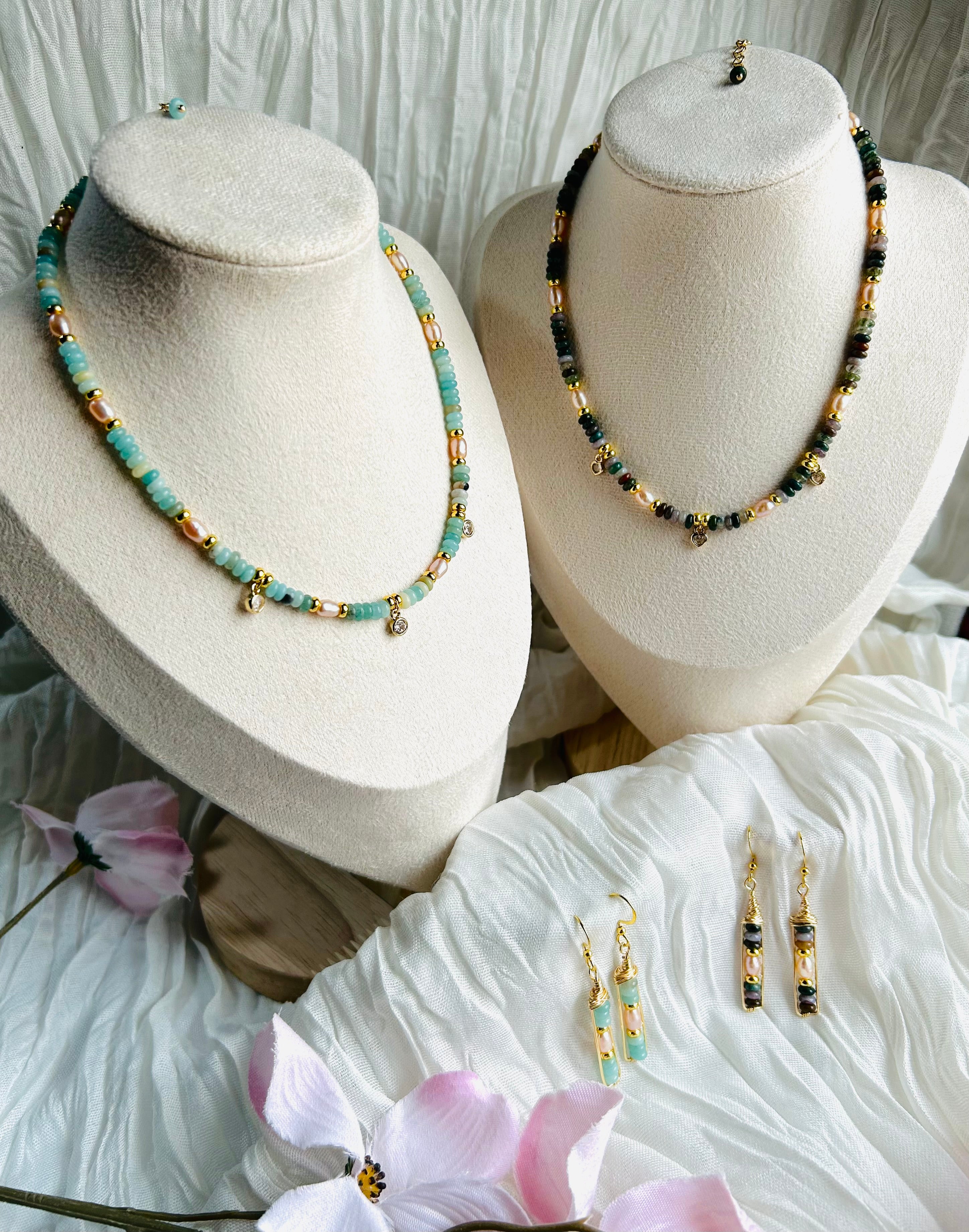 Seafoam Grace Jewelry Set Handcrafted Necklace & Earrings with Amazonite India Agate Freshwater Pearls 18K Gold Plated Hypoallergenic Unique Design