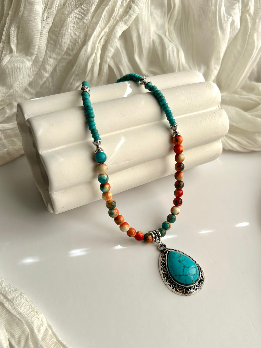 Turquoise Tide Necklace with Handmade Pendant Stainless Steel Silver Accents Beaded Design for Versatile Wear
