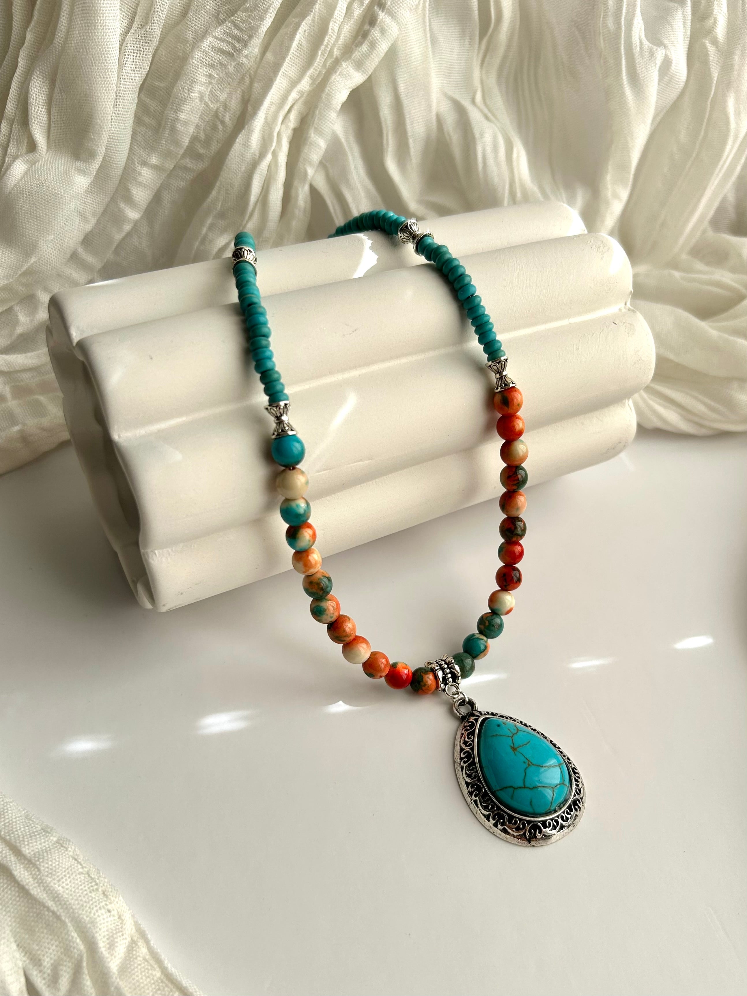 Turquoise Tide Necklace with Handmade Pendant Stainless Steel Silver Accents Beaded Design for Versatile Wear