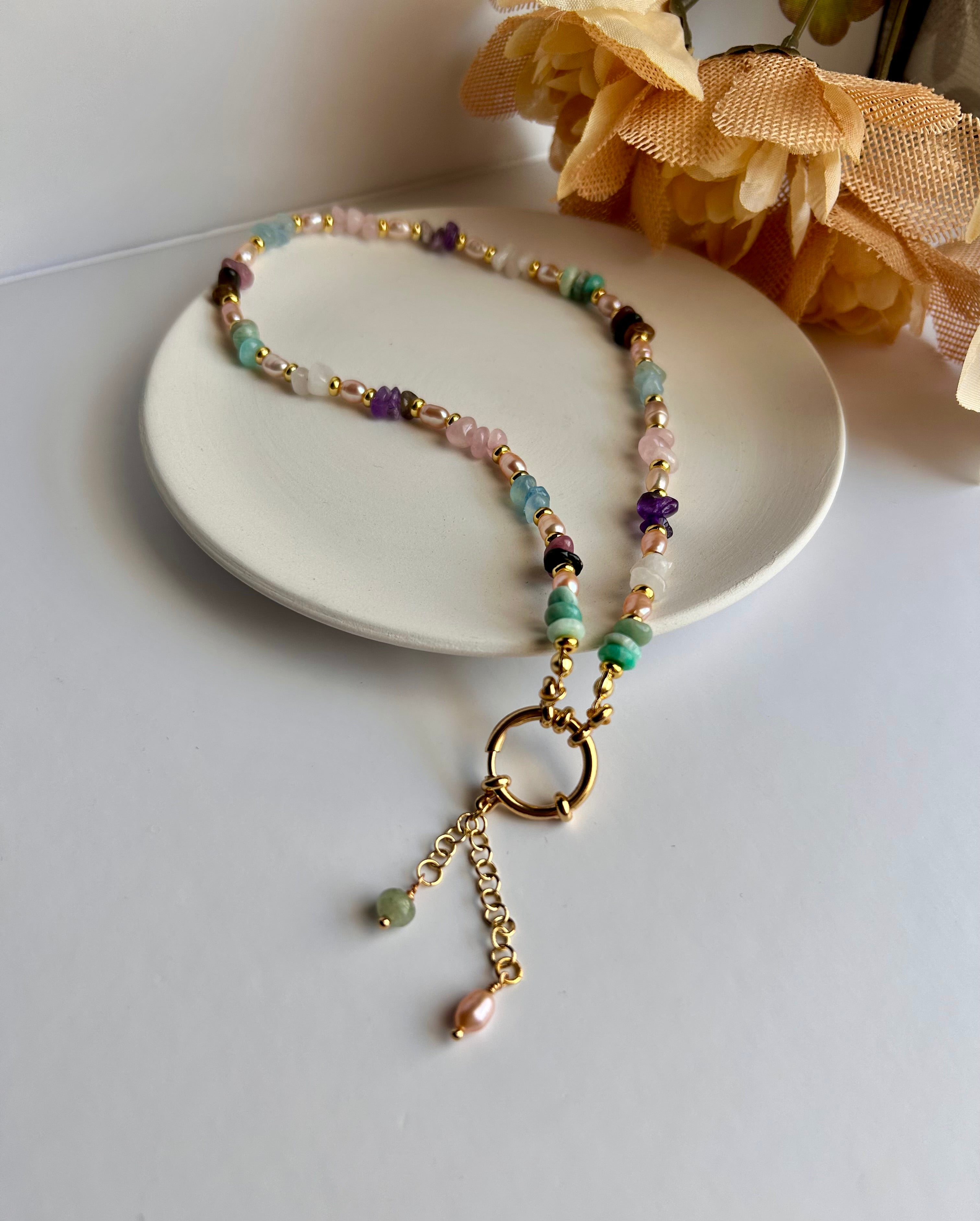 Ethereal Harmony Necklace with Multicolor Gemstones & Gold Chain for Women's Fashion Elegant Beaded Design Handcrafted with Natural Stones & Freshwater Pearls